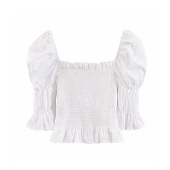 Women sweet solid white crop tops square collar elastic pleated short puff sleeve bow tie shirts stylish female blouse blusas
Women sweet solid white crop tops square collar elastic pleated short puff sleeve bow tie shirts stylish female blouse blusas
