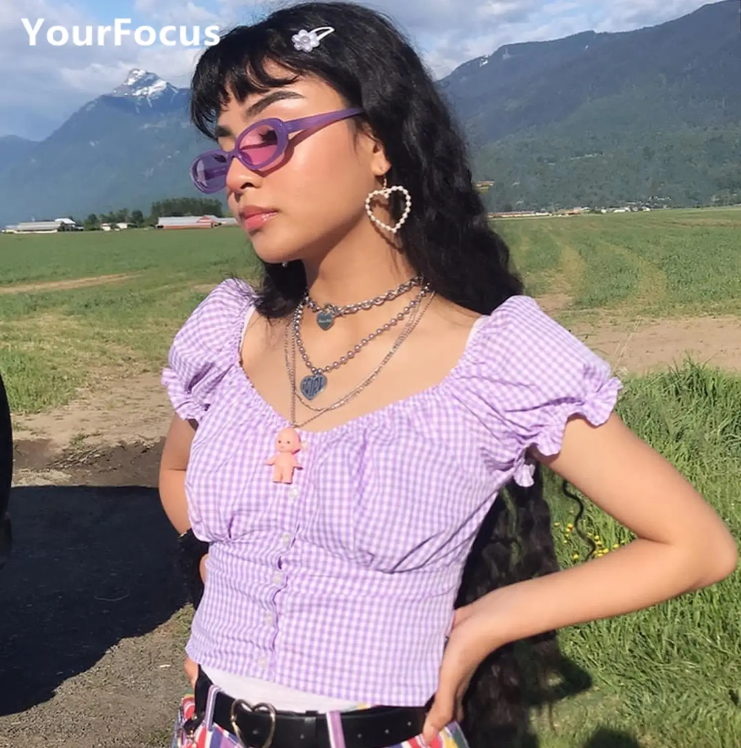 Chic sweet kawaii purple small plaid puff sleeve cropped tshirt short cute crop tops
Chic sweet kawaii purple small plaid puff sleeve cropped tshirt short cute crop tops