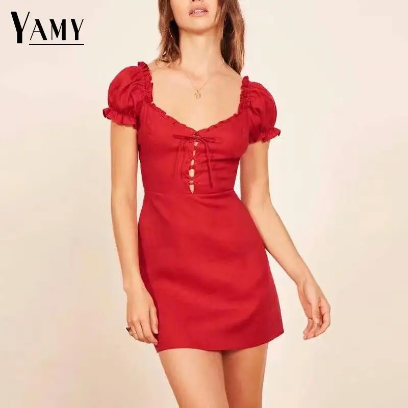 elegant white red lace up mini dress women vintage black puff sleeve party dresses Sexy backless casual dress vestidos 2018
elegant white red lace up mini dress women vintage black puff sleeve party dresses Sexy backless casual dress vestidos 2018