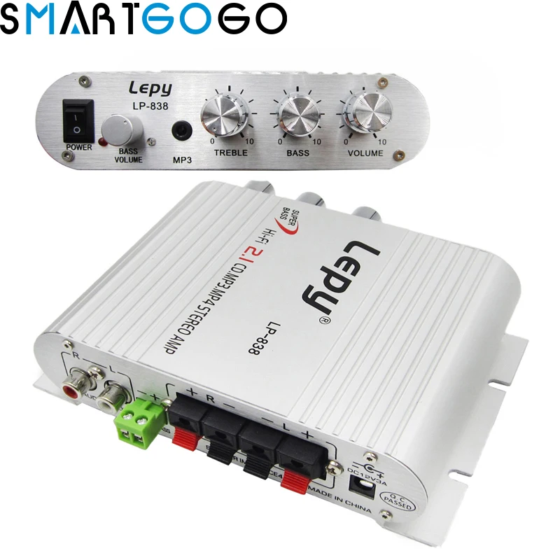 Lepy LP-838 Mini amplifier Hi-Fi 2.1 Car 3 Channels MP3 MP4 Stereo Player Audio moduleAuto Sound Amplifier Subwoofer Silver
Lepy LP-838 Mini amplifier Hi-Fi 2.1 Car 3 Channels MP3 MP4 Stereo Player Audio moduleAuto Sound Amplifier Subwoofer Silver