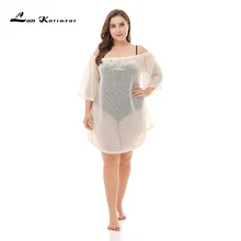Lan Karswear Bikini Cover Up Plus Size Gebreide Badpak Sexy Zomer Jurk Kant Gehaakte Strand Jurk Hollow Beach Wear Wit(China)