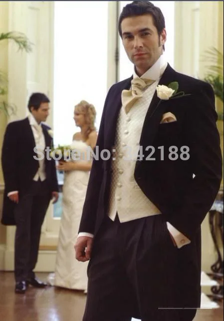 

orning style Black Groom Tuxedos Peak Lapel Best Man Groomsman Mens Wedding Suits Bridegroom (Jacket+Pants+Tie+Vest) ok:1000