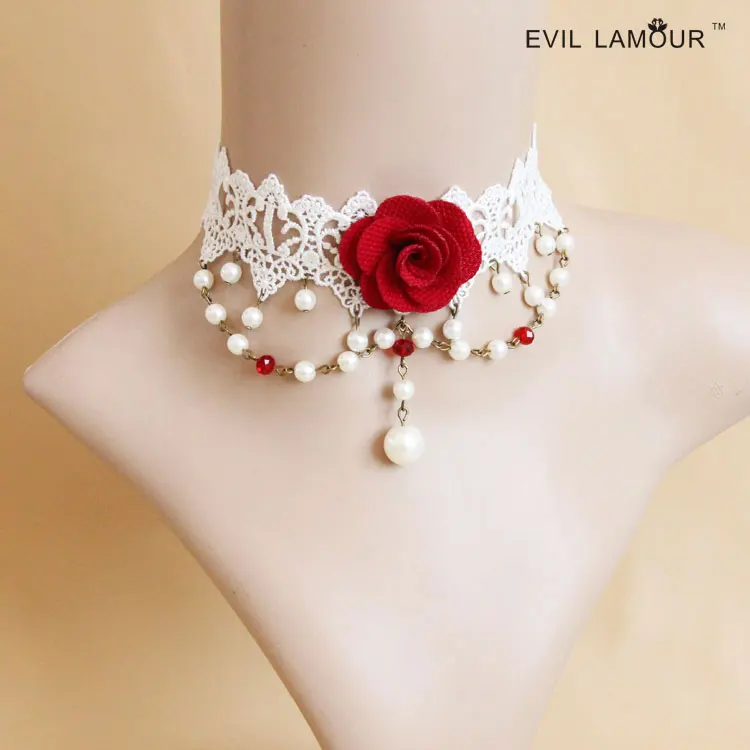 Princess sweet lolita Bride dress pearl flower collar red rose white lace necklace false collar short necklace jewelry JL-184 
Princess sweet lolita Bride dress pearl flower collar red rose white lace necklace false collar short necklace jewelry JL-184
