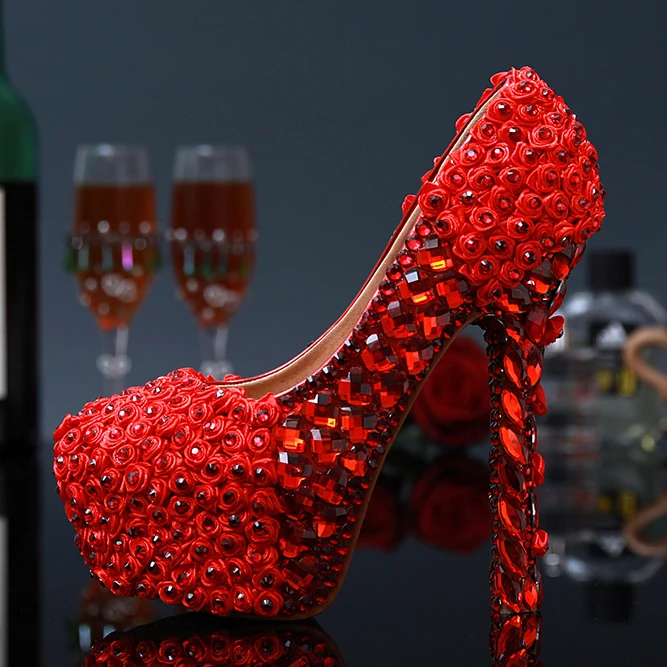 Image China s wind Brand design Women handmade red pumps 2016 women luxury Rhinestone rose flower platform high heels Wedding shoes