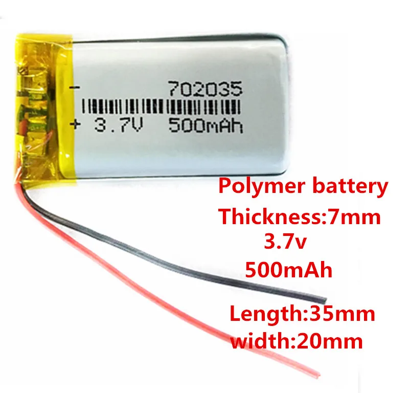 Free shipping Polymer battery 500 mah 3.7 V 702035 smart home MP3 speakers Li-ion battery for dvr,GPS,mp3,mp4,cell phone,speaker
Free shipping Polymer battery 500 mah 3.7 V 702035 smart home MP3 speakers Li-ion battery for dvr,GPS,mp3,mp4,cell phone,speaker