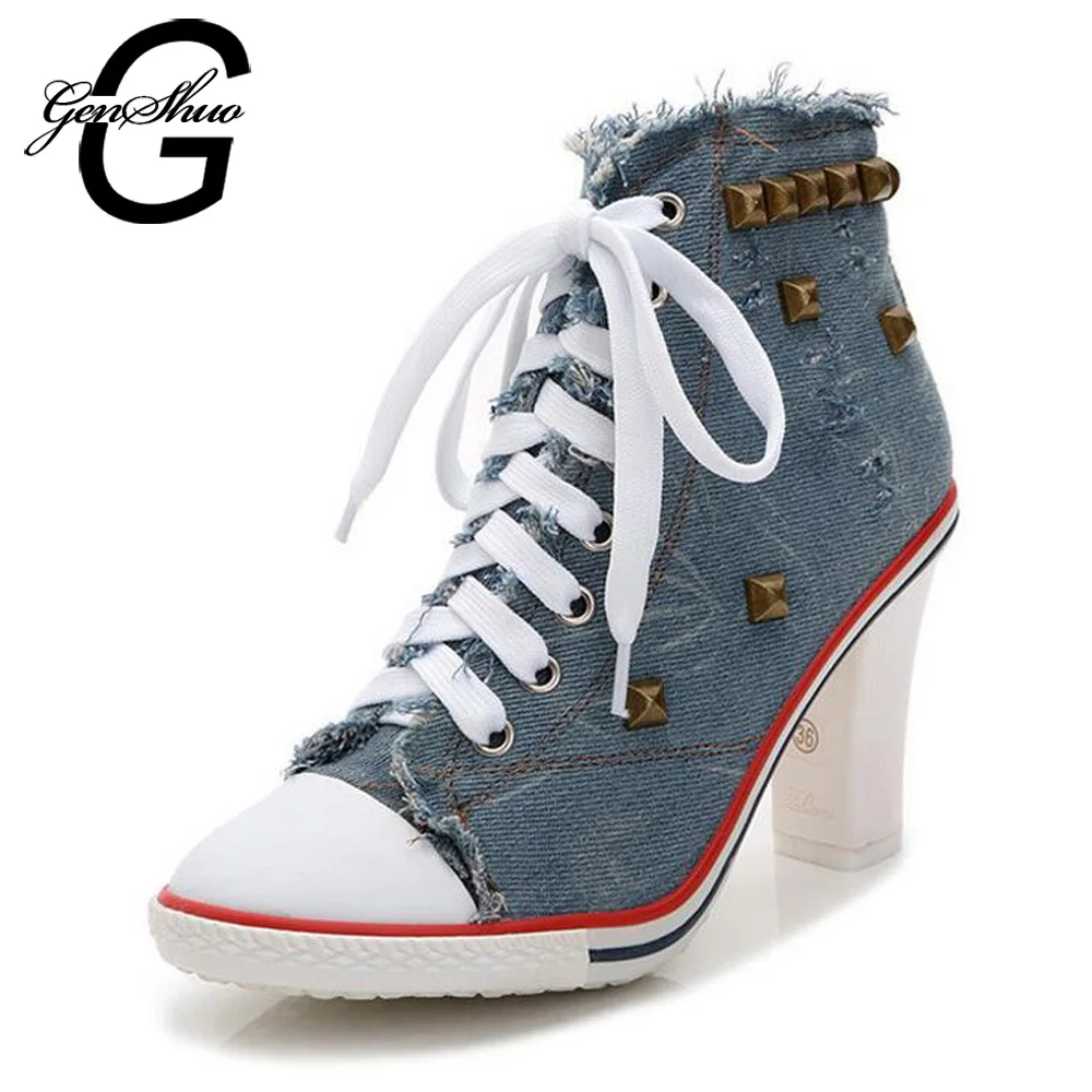 GENSHUO Women Shoes High Heels Ankle Boot Square Block Heel Canvas Pumps Rivets Denim Boot Women Black White Blue Size 34-40
GENSHUO Women Shoes High Heels Ankle Boot Square Block Heel Canvas Pumps Rivets Denim Boot Women Black White Blue Size 34-40