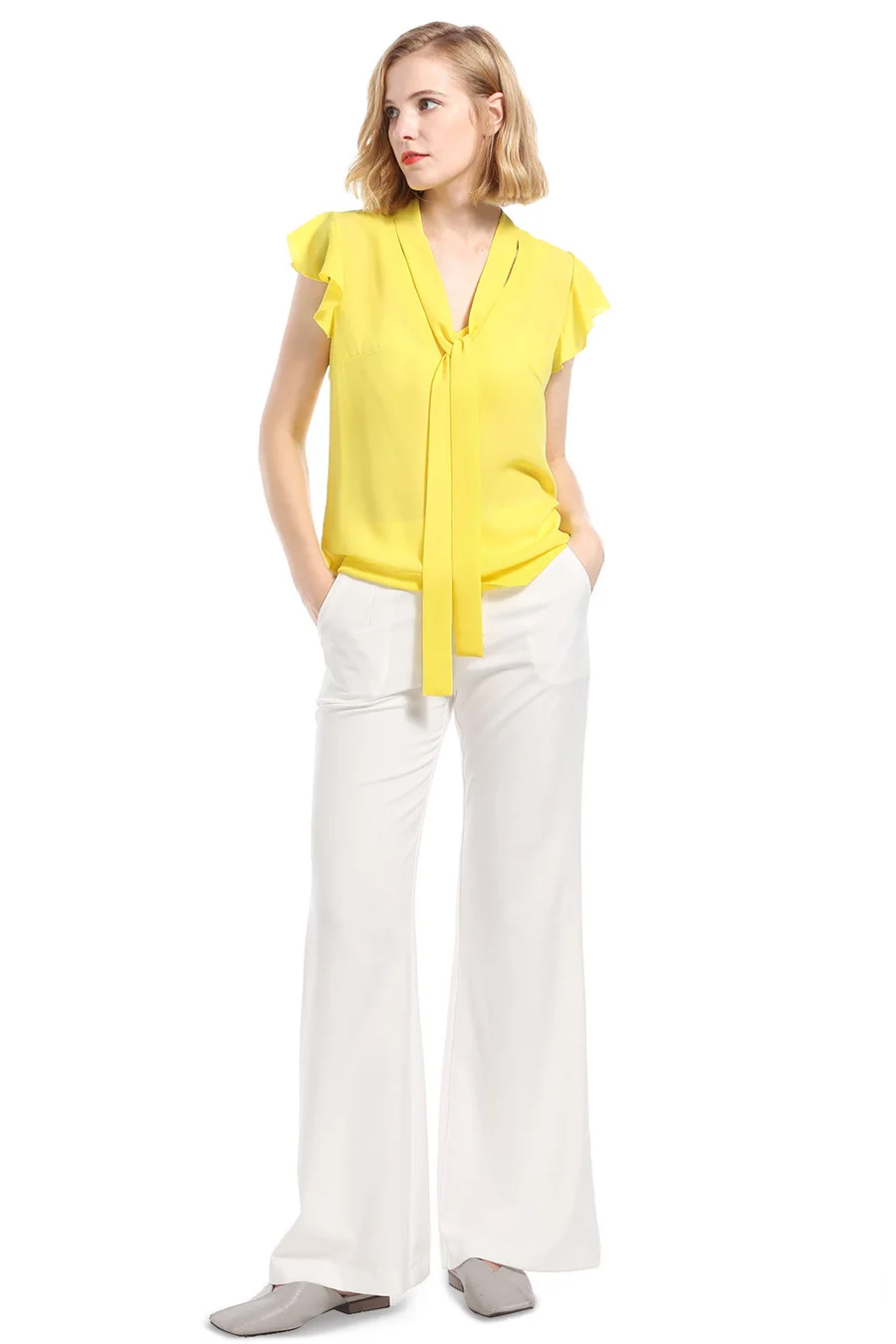 Gladiolus 2018 Summer Chiffon Blouse Women Lace Up V-Neck Butterfly Sleeve Yellow Slim Fashion Women Blouse Shirt Elegant Tops (8)