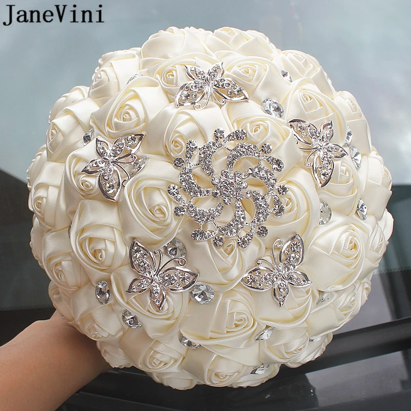 

JaneVini Elegant Ivory Satin Rose Bridesmaid Bouquets Beaded Artificial Bridal Flowers Bouquet Fleur Mariage Wedding Accessories