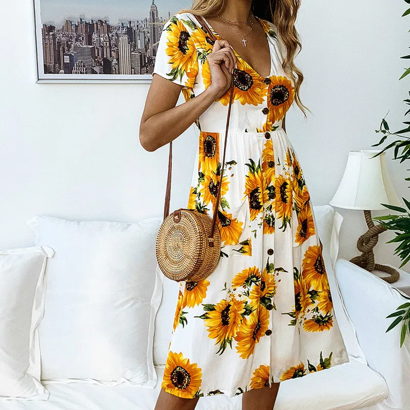 Women Floral Print Summer Dress Boho Dress Casual Sunflower Button Long Sundress New Sexy V-neck Short Sleeve Beach Dress
Women Floral Print Summer Dress Boho Dress Casual Sunflower Button Long Sundress New Sexy V-neck Short Sleeve Beach Dress