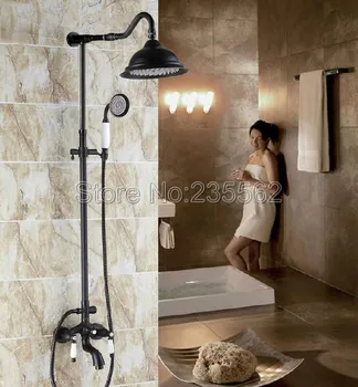 

Wall Mounted Oil Rubbed Black Bronze Rainfall 8" Shower Set Faucet Dual Ceramics Handles Tub Mixer Tap with Handheld Shower