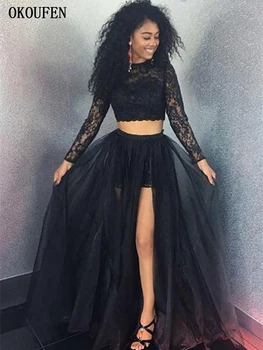 Two Pieces Black Prom Dresses 2019 Lace Long Sleeves Removable Train High Slit vestidos de fiesta largos elegantes Graduacion
Two Pieces Black Prom Dresses 2019 Lace Long Sleeves Removable Train High Slit vestidos de fiesta largos elegantes Graduacion