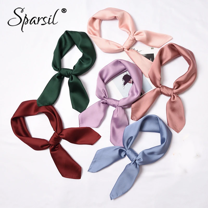 

Sparsil 2019 New Women Fake Silk Square Scarf Solid Color Small Scarves Soft Wraps Neckerchief Fashion Headband Ring Scarf70*70