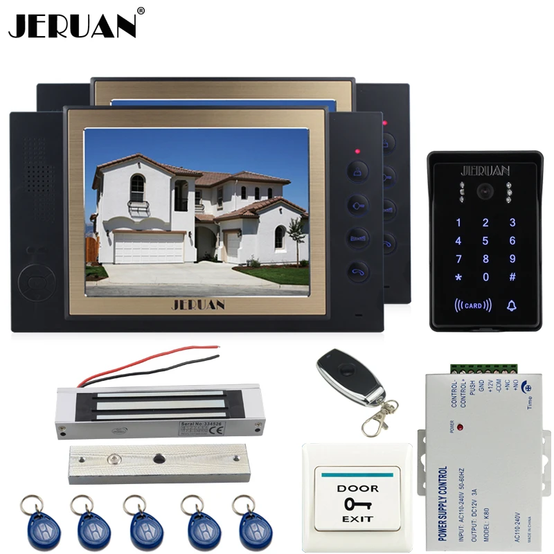 

JERUAN Home wired 8`` video doorphone Record intercom system kit New RFID waterproof Touch Key password keypad Camera 8G SD Card