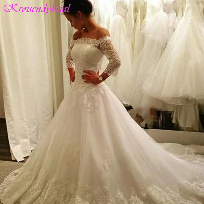 

DZW545 A Line Wedding Dresses With Sleeve Off The Shoulder Court Train Applique 2019 Lace Country Bridal Gowns wedding gown