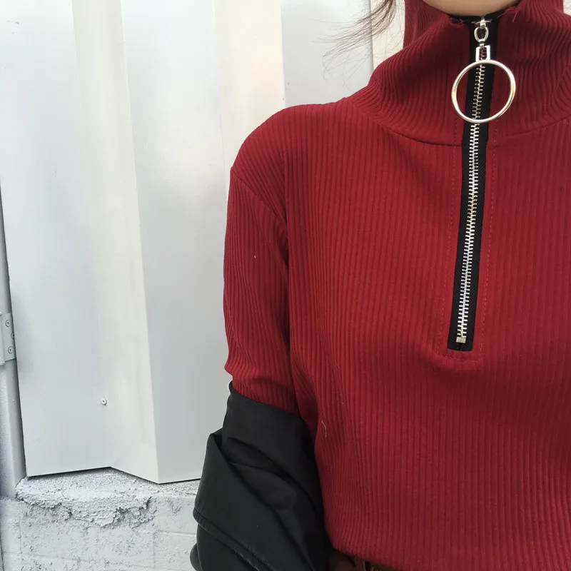 Harajuku Vintage Circle Ring Long Sleeve Tee Turtleneck Zipper Knitted Pullover 121116 19