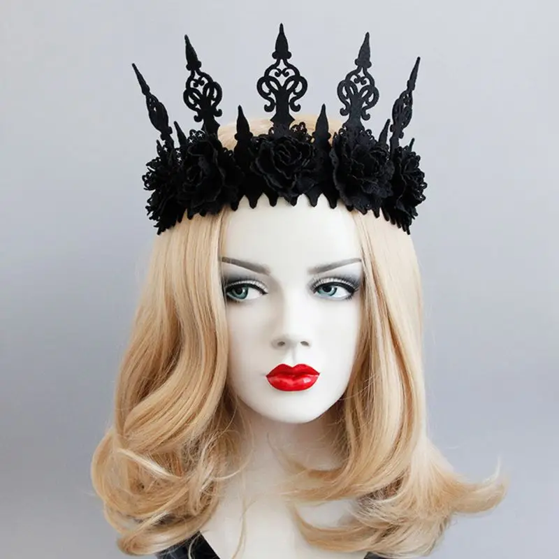 Lady Queen Head Wreath Vintage Gothic Black Crown Roses Tiara Headband Halloween Party Masquerade Cosplay Accessory |