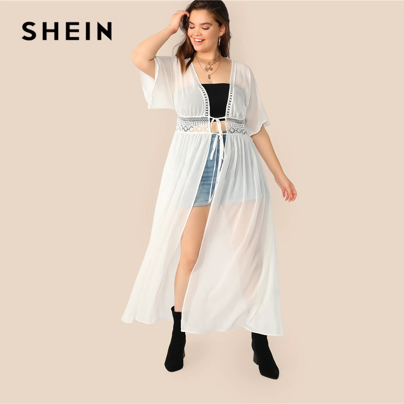 

SHEIN Plus Size White Knot Waist Lace Insert Kimono 2019 Women Summer Boho Half Sleeve Longline Contrast Lace Vacation Kimonos
