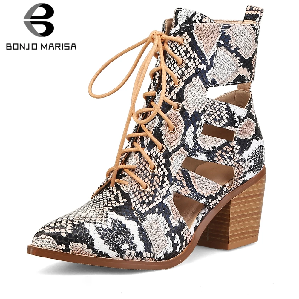 BONJOMARISA Ankle Boots Woman Snake Prints Spring Autumn Square High Heels Shoes Ladies Lace Up Ankle Boots Woman Size 34-44
BONJOMARISA Ankle Boots Woman Snake Prints Spring Autumn Square High Heels Shoes Ladies Lace Up Ankle Boots Woman Size 34-44