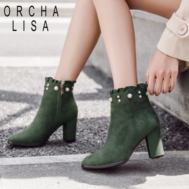 ORCHA LISA Flock Ankle boots for Women Square High Heel boots Zipper flock Pearl Pointed Toe Boots Shoes woman booties mujerC610
ORCHA LISA Flock Ankle boots for Women Square High Heel boots Zipper flock Pearl Pointed Toe Boots Shoes woman booties mujerC610