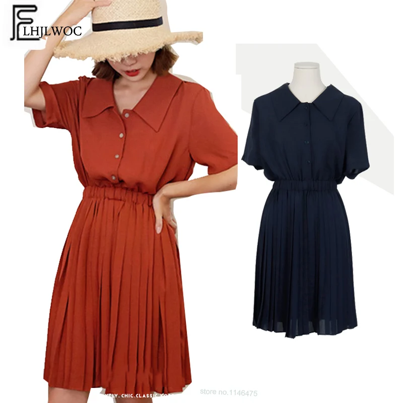 Slim Waist A Line Dresses Women Summer Short Sleeve Temperament Lady Vintage Navy Blue Button Shirt Dress 677
Slim Waist A Line Dresses Women Summer Short Sleeve Temperament Lady Vintage Navy Blue Button Shirt Dress 677