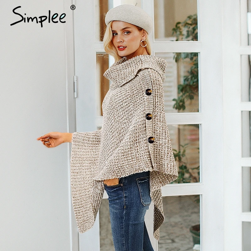 Simplee Elegant knitted turtleneck cloak sweater Women button casual pullover 2018 Autumn winter streetwear jumpers pull femme
Simplee Elegant knitted turtleneck cloak sweater Women button casual pullover 2018 Autumn winter streetwear jumpers pull femme