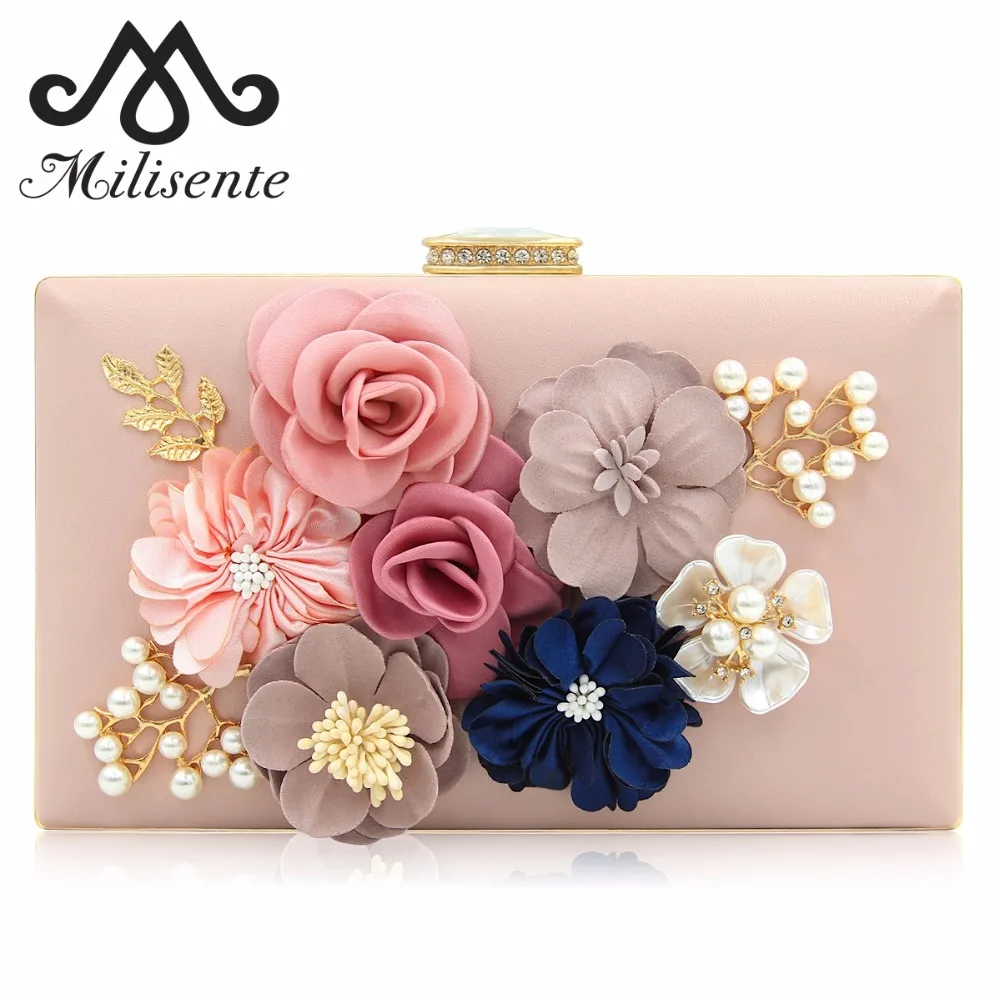 

Milisente Clutches Bag for Women Flower Clutch Bride Wedding Bags with Rhinestone Pearl Shoulder Chain Pink