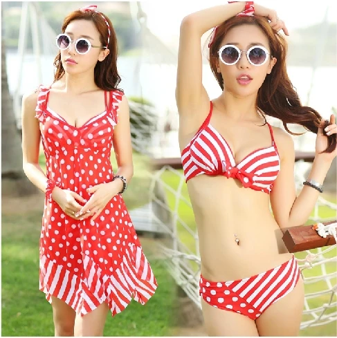 The new 2014 luxury Qibijini swimsuit skirt type female three-piece bikini small chest gather steel care | Спорт и развлечения