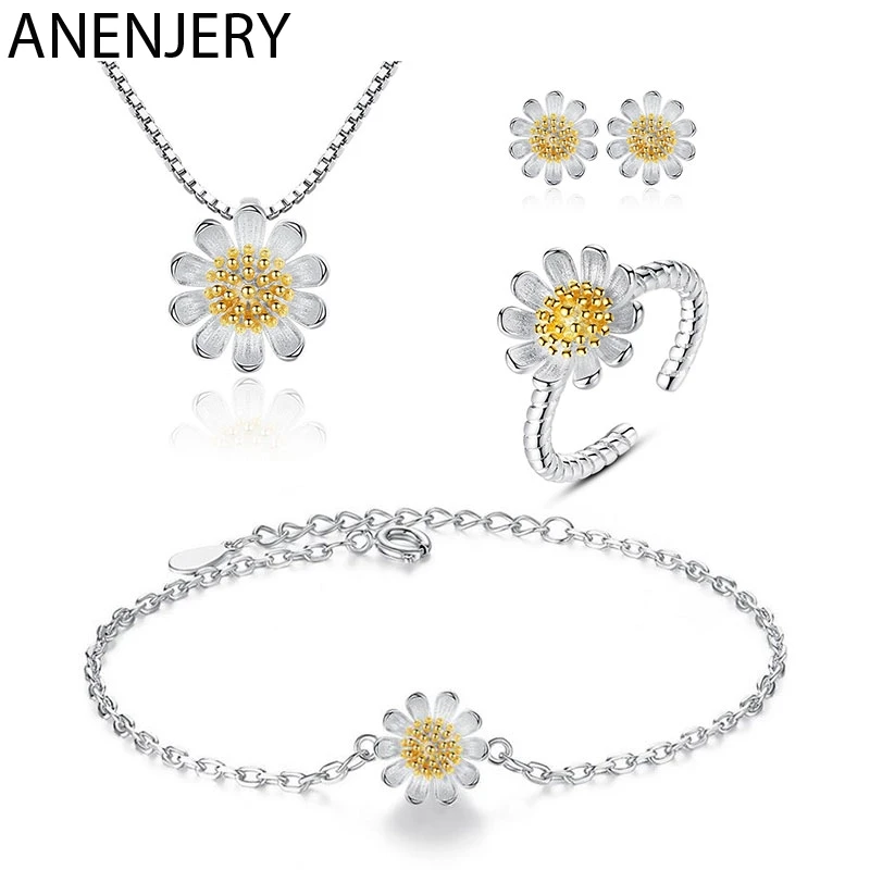 ANENJERY 925 Sterling Silver Jewelry Sets Sunflower Daisy Flower Necklace+Earrings+Bracelet+Ring For Women Girl Gift
ANENJERY 925 Sterling Silver Jewelry Sets Sunflower Daisy Flower Necklace+Earrings+Bracelet+Ring For Women Girl Gift