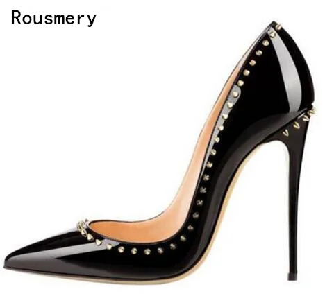 Drop Shipping 2017 New Sexy Women Black Patent Leather Rivets Pointed Toe Slip on Thin Heels 100 mm or 120 mm Party Pumps 42
Drop Shipping 2017 New Sexy Women Black Patent Leather Rivets Pointed Toe Slip on Thin Heels 100 mm or 120 mm Party Pumps 42