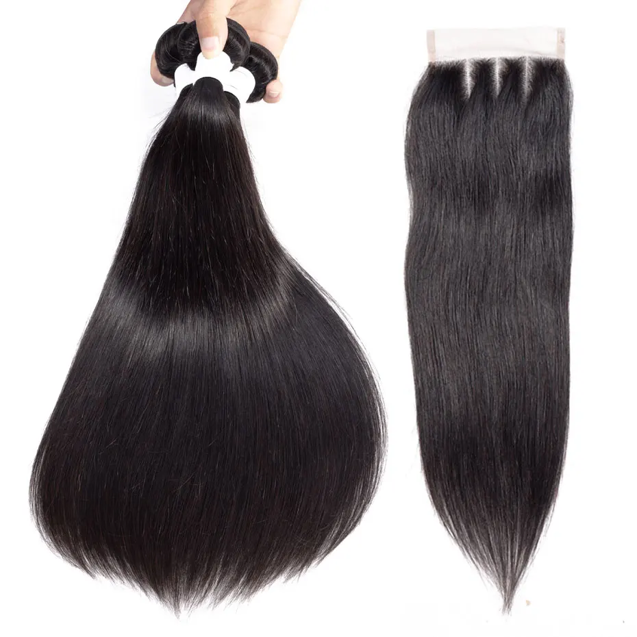 

Clover Leaf 100% brazilian remy human hair 3 bundles with lace closure 4X4 Natural black straight Hair 10-28inch Free shipping