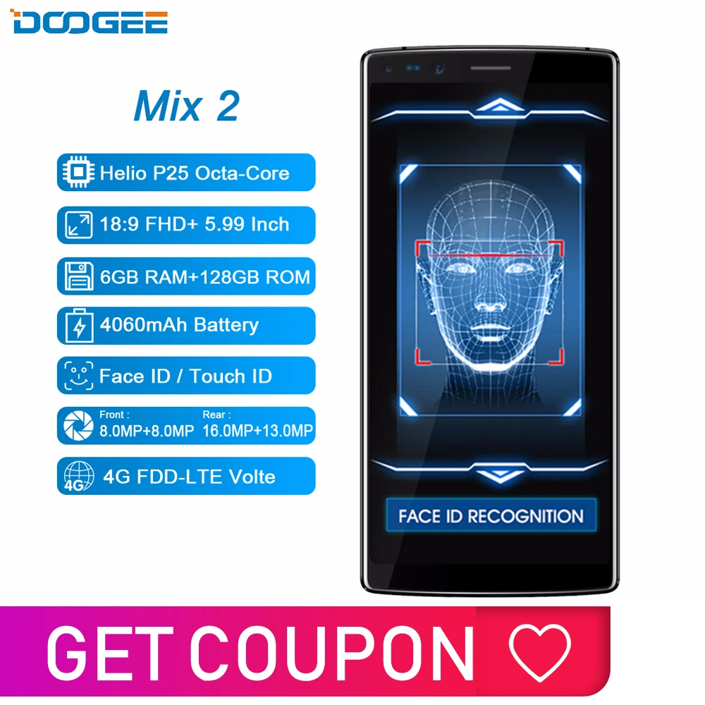 

DOOGEE Mix 2 6GB RAM 128GB ROM Android 7.1 4060mAh 5.99'' FHD+ Helio P25 Octa Core Smartphone Quad Camera 16.0+13.0MP 8.0+8.0MP