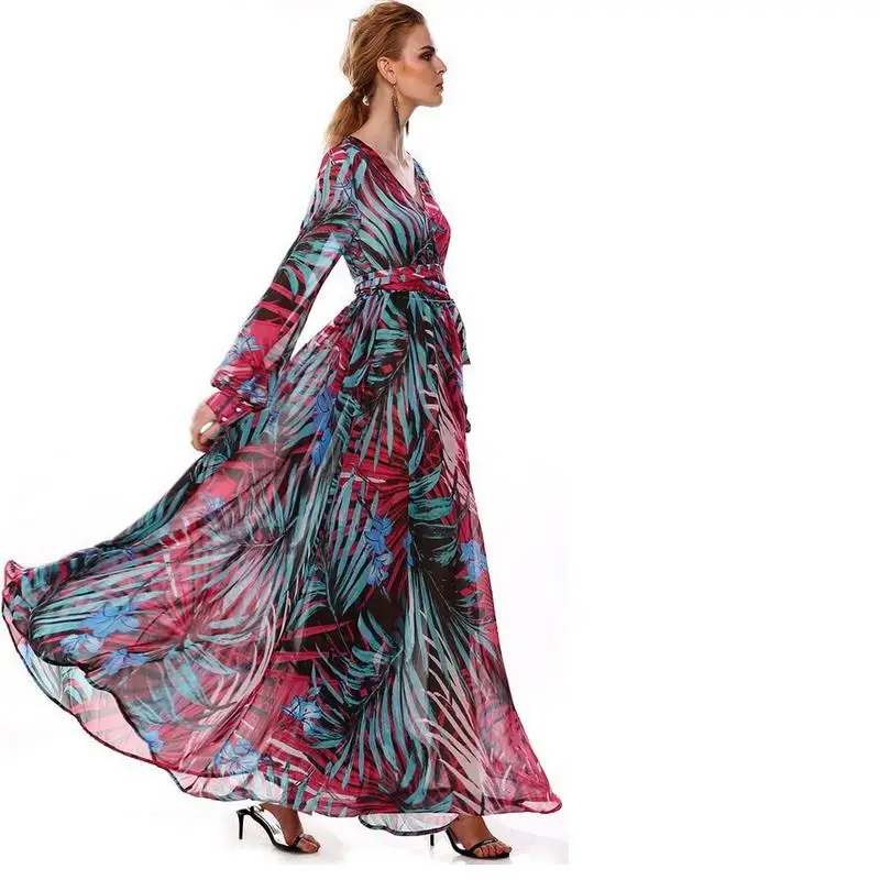 Женское шифоновое платье с цветочным принтом длинным рукавом и v образным