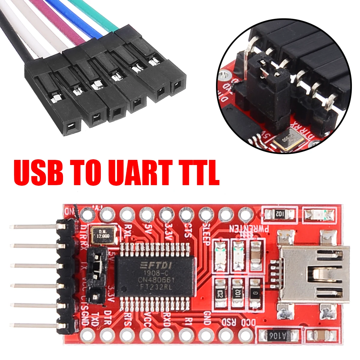 FTDI FT232RL Basic USB 3.3V 5V To TTL Serial UART interface Converter Adapter Module with Cables
FTDI FT232RL Basic USB 3.3V 5V To TTL Serial UART interface Converter Adapter Module with Cables