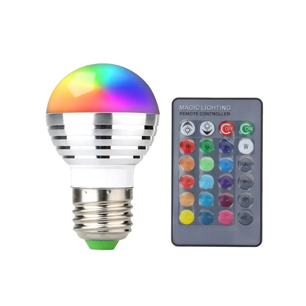 16 Colors LED Lamp Bulb with 24 Keys IR Remote Control 4 Modes Dimmable 3W E27 RGB LED Light Bulb for Bar KTV Home Decoration
16 Colors LED Lamp Bulb with 24 Keys IR Remote Control 4 Modes Dimmable 3W E27 RGB LED Light Bulb for Bar KTV Home Decoration