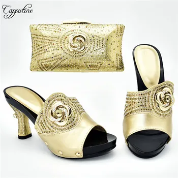 Wonderful gold African slipper shoes and bag set perfect matching for evening dress 388-2, heel height 9cm
Wonderful gold African slipper shoes and bag set perfect matching for evening dress 388-2, heel height 9cm