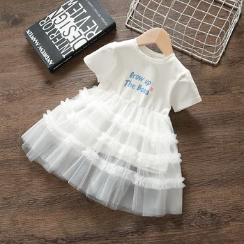 Baby Girl's O-neck Short Sleeve Letters Print Solid Color Cake Layered Princess Girl's Summer Dresses Layered White Dresses 
Baby Girl's O-neck Short Sleeve Letters Print Solid Color Cake Layered Princess Girl's Summer Dresses Layered White Dresses