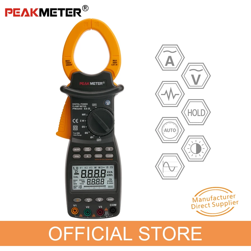 PEAKMETER PM2203 3-Phase LCD Digital Professional High Sensitivity Clamp Power Meter Factor Correction Data Log Rs232 True-RMS
PEAKMETER PM2203 3-Phase LCD Digital Professional High Sensitivity Clamp Power Meter Factor Correction Data Log Rs232 True-RMS