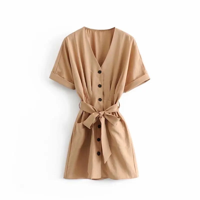 QZ185 Elegant Khaki Color V Neck Buttons Deco Short Sleeve With Belt Slim Pleated Dress Women New Brief Dresses
QZ185 Elegant Khaki Color V Neck Buttons Deco Short Sleeve With Belt Slim Pleated Dress Women New Brief Dresses