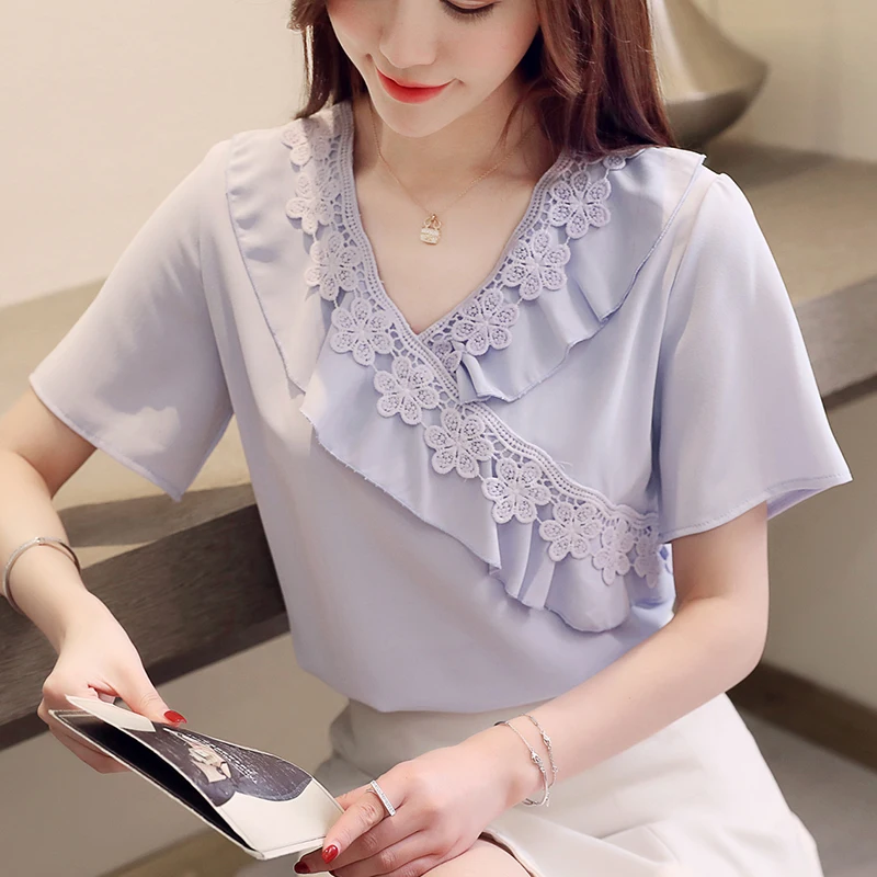 Summer 2019 Fashion New V-neck Blouses Shirts short sleeve chiffon Lace flower Women shirt Purple Pink Women's Clothing 62F3
Summer 2019 Fashion New V-neck Blouses Shirts short sleeve chiffon Lace flower Women shirt Purple Pink Women's Clothing 62F3