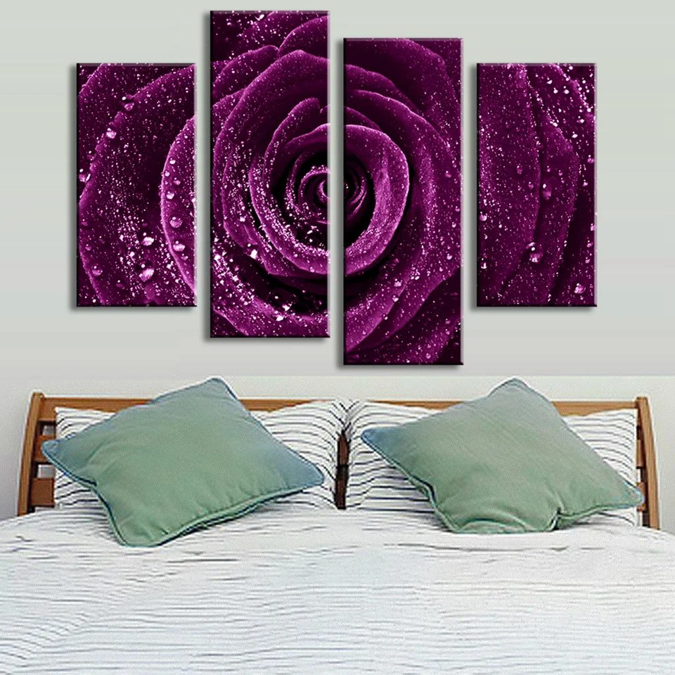 4-Pcs-Set-Flower-Purple-Rose-Raindrops-Canvas-Prints-Painting-Classical-Purple-Flower-Wall-Picture-for