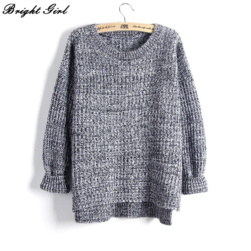 Image 2017 Autumn Winter High Quality Women Sweaters and Pullovers Mixed Color Loose Long Sleeve Crew Neck Casual Ribbed Sweater
