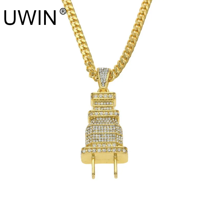 UWIN Men Hip hop Pendant Iced Out Full Rhinestone Crystal Gold color Color Plug Necklace Long Cuban Chain Punk Jewelry | Украшения и