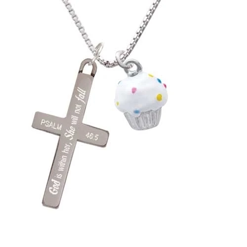 3-D White Cupcake with Sprinkles - She will not Fall - Cross Necklace (1)