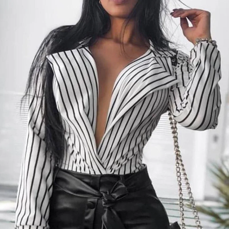 2019 Spring Women Shirts Sexy Ladies Deep V-neck Long-sleeved Striped Printing Tops Clothing Female Party Club Blouses Harajuku
2019 Spring Women Shirts Sexy Ladies Deep V-neck Long-sleeved Striped Printing Tops Clothing Female Party Club Blouses Harajuku