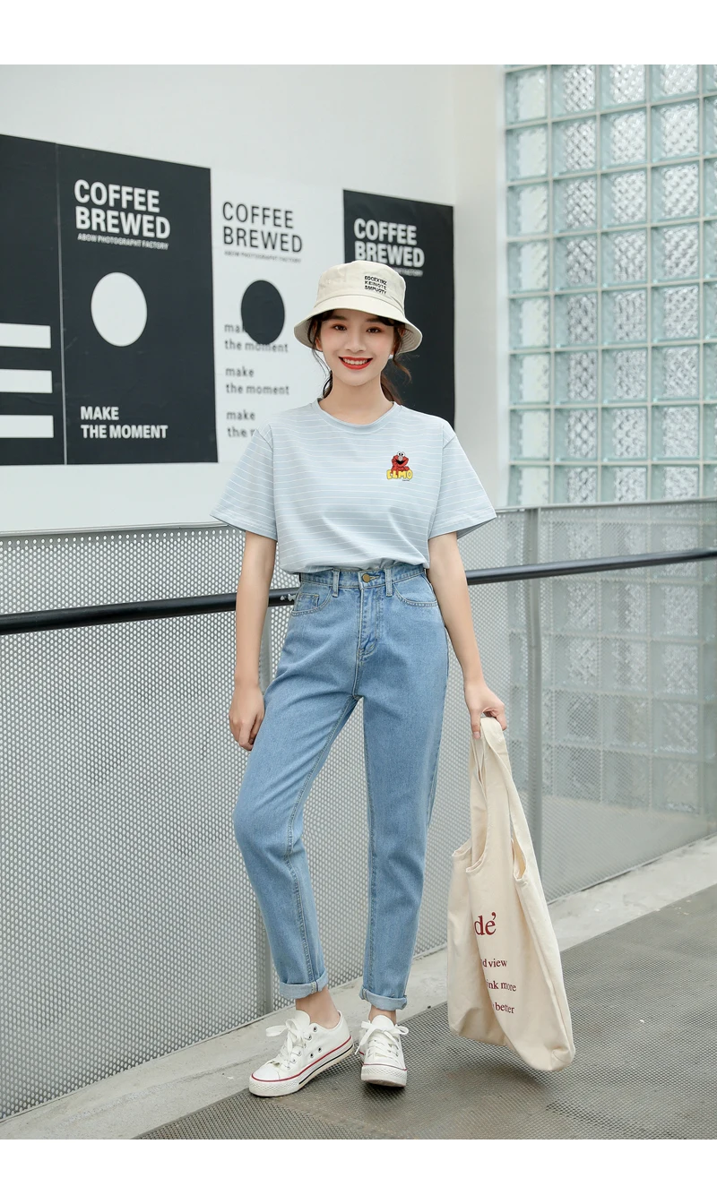 Sesame Street Elmo T Shirt Women Casual Harajuku Kawaii Cartoon Print Tshirt Loose Streetwear Tumblr Ulzzang Cotton Striped Tops (8)