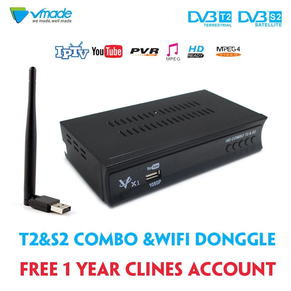 Vmade DVB-T2 Terrestrial S2 Satellite Receiver collocation 1 Year Europe Spain CCcam 7 Clines Server+1 USB WIFI stick
Vmade DVB-T2 Terrestrial S2 Satellite Receiver collocation 1 Year Europe Spain CCcam 7 Clines Server+1 USB WIFI stick