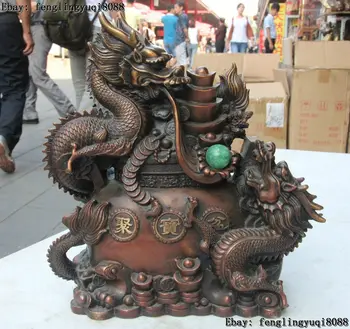 China Red Bronze Copper FengShui Two Dragon Loong Play Bead Statue Treasure Bowl
China Red Bronze Copper FengShui Two Dragon Loong Play Bead Statue Treasure Bowl