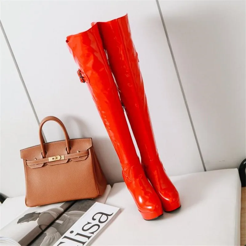 Autumn Winter Patent Leather Over The Knee Boots Big Size 43 Platform Women's Boots 12cm High-heeled Pole Dance Thigh High Boots (5)