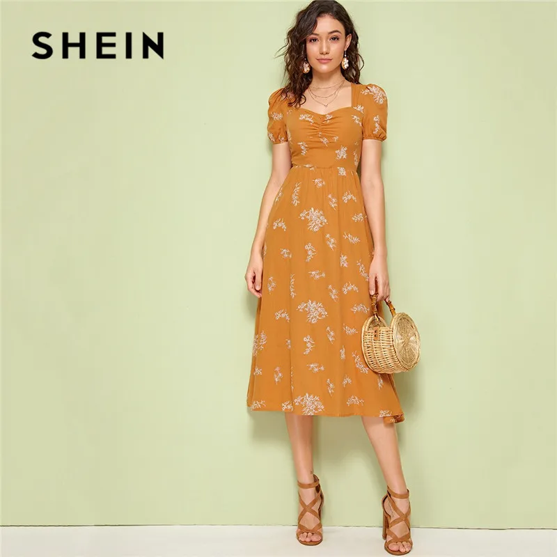 

SHEIN Floral Print Ruched Front Flare Summer Dress Women Cotton Puff Sleeve High Waist Midi Dress Ginger Vintage Long Dresses