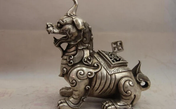 Elegant old S1247 China White Copper Silver Lucky kylin unicorn Foo Dog Lion Incense Burner Censer A0403